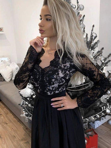 Schwarzes Ballkleid mit langen Ärmeln, A-Linie, V-Ausschnitt, Satinspitze und hohem Schlitz