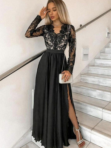 Schwarzes Ballkleid mit langen Ärmeln, A-Linie, V-Ausschnitt, Satinspitze und hohem Schlitz