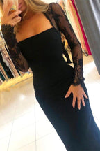 Black Long Sleeves Mermaid Lace Backless Formal Prom Dress