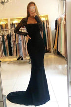 Black Long Sleeves Mermaid Lace Backless Formal Prom Dress