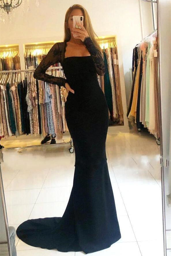 Black Long Sleeves Mermaid Lace Backless Formal Prom Dress