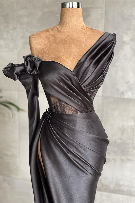 Black Long Sleeves Mermaid One Shoulder Satin Evening Dresses
