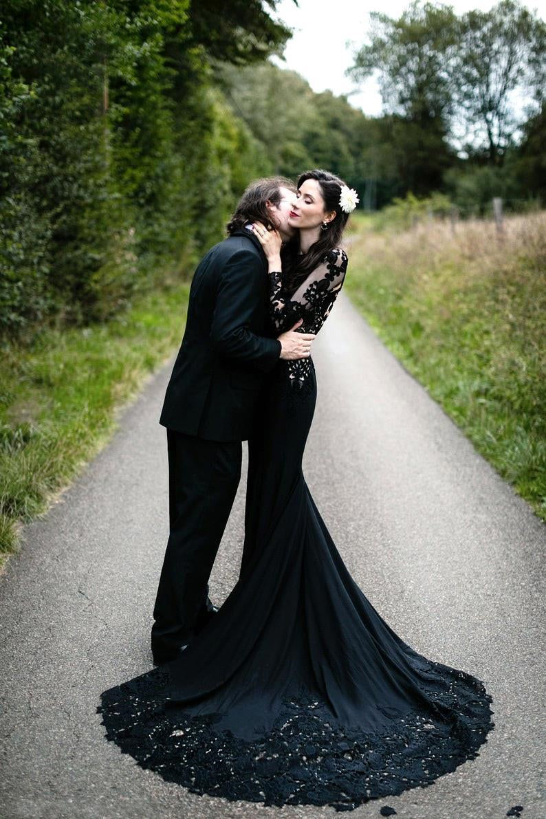 Black Long Sleeves Mermaid Wedding Dress with Sweep Train