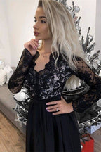 Black Long Sleeves A-line V-neck Satin Lace Prom Dress with Split