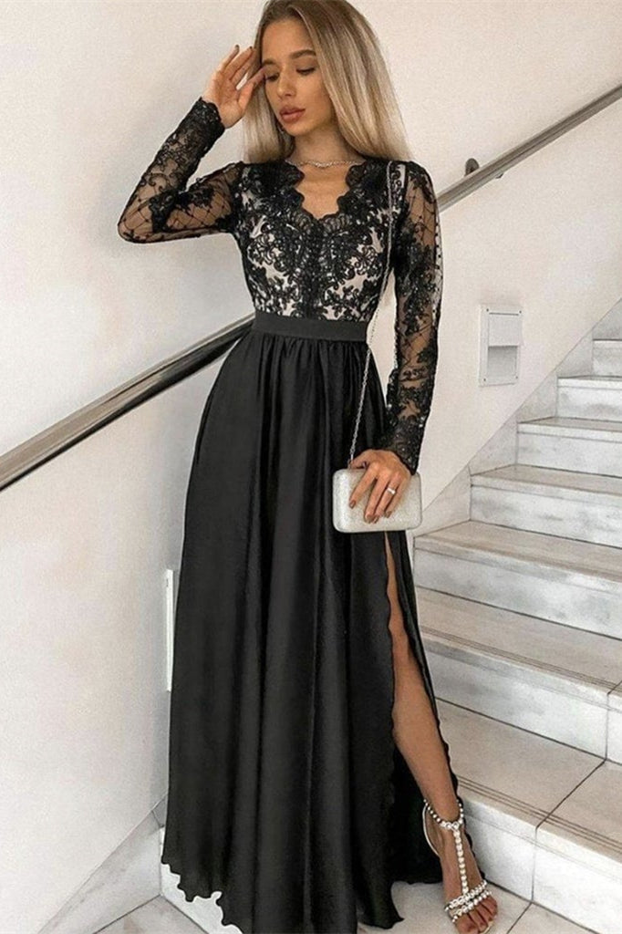 Black Long Sleeves A-line V-neck Satin Lace Prom Dress with Split