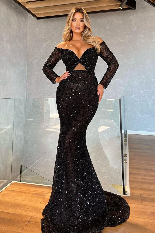 Black Long Sleeves V-Neck Mermaid Evening Dress with Sequins