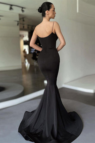 Black Long Spaghetti Straps Mermaid Satin Formal Prom Dress