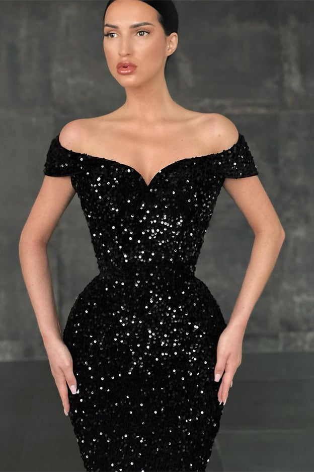 Black Off-the-Shoulder Long Sequin Mermaid Formal Prom Dress