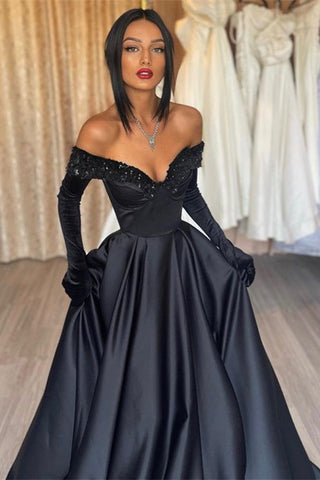 Black Long A-line Off-the-Shoulder Satin Prom Dress with Gloves