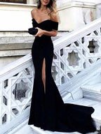 Black Long Mermaid Off-the-Shoulder Satin Split Prom Dress