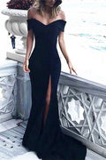 Vestido de Gala Largo Negro de Sirena con Hombros Descubiertos y Abertura en Satin