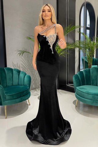 Black One Shoulder Mermaid Long Satin Prom Dress with Beads