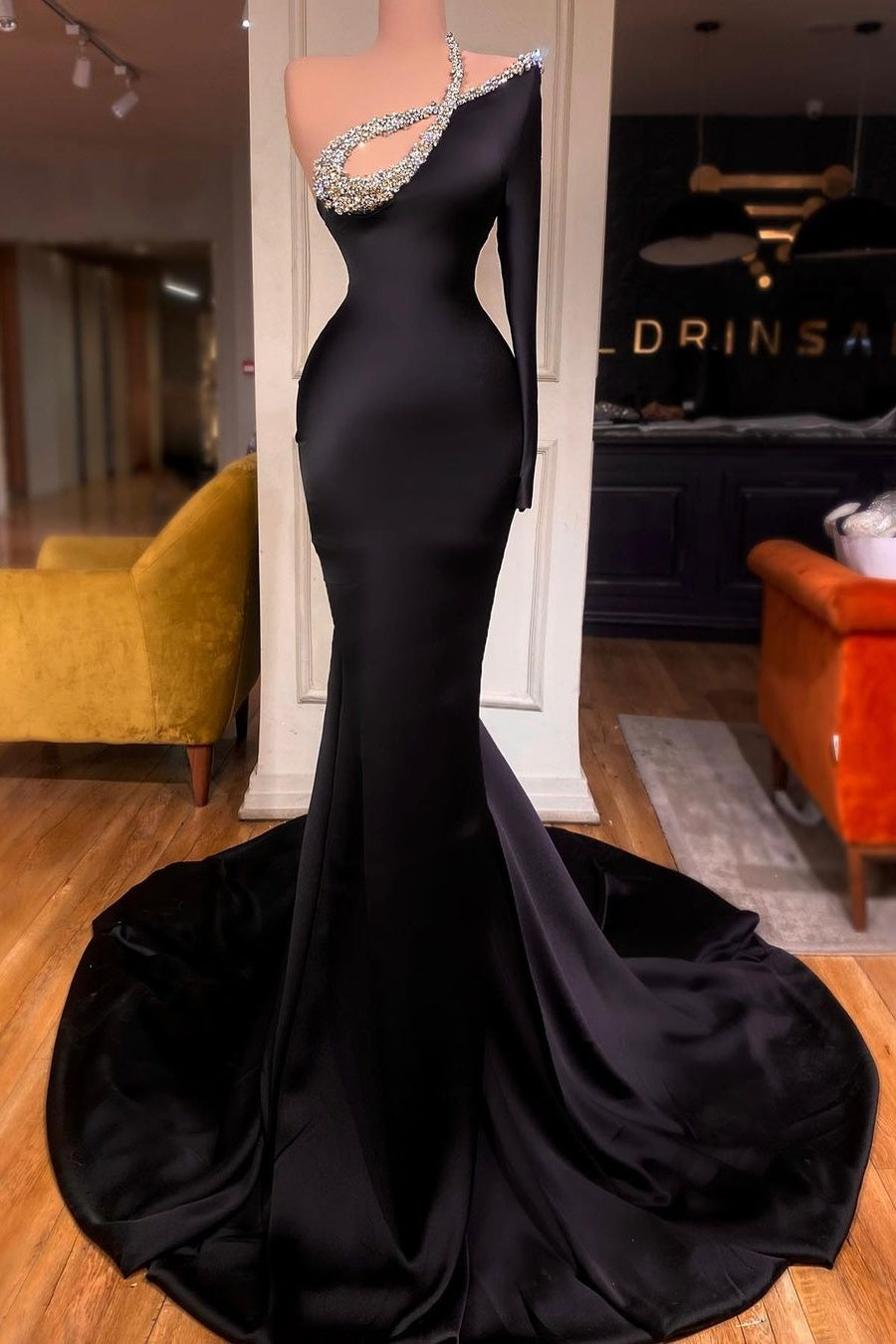 Black One Shoulder Mermaid Long Sleeves Satin Evening Dresses with Beads