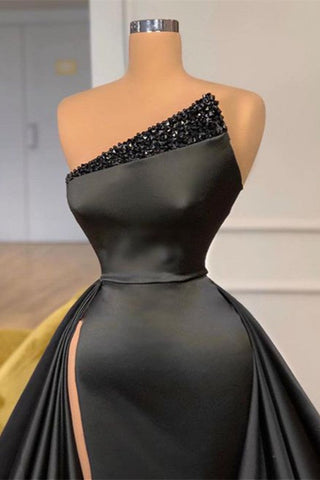 Black Long Mermaid Beads One Shoulder Satin Evening Dress with Slit