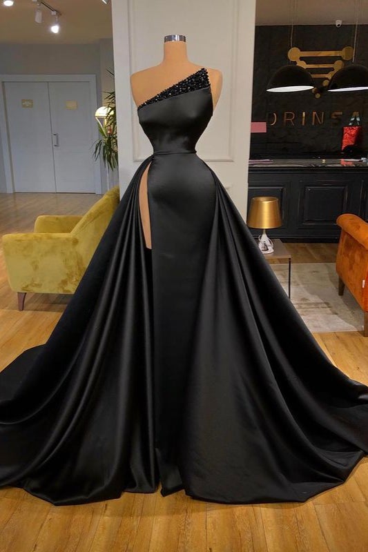 Black Long Mermaid Beads One Shoulder Satin Evening Dress with Slit