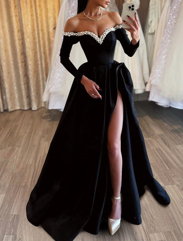 Royal Blue Long A Line Off the Shoulder Satin Evening Dresses with High Slit