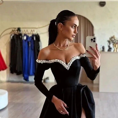 Royal Blue Long A Line Off the Shoulder Satin Evening Dresses with High Slit
