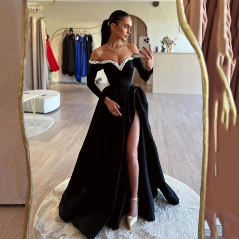 Royal Blue Long A Line Off the Shoulder Satin Evening Dresses with High Slit
