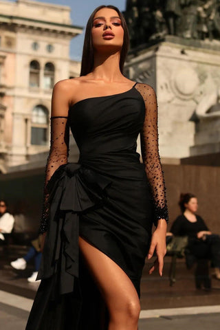 Black Long Sleeves Mermaid Tulle One Shoulder Evening Dresses with Slit