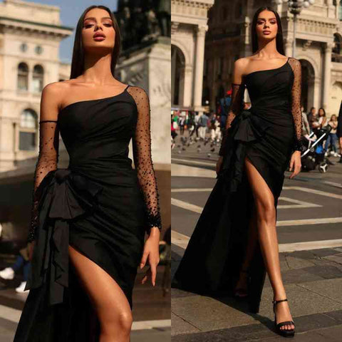 Black Long Sleeves Mermaid Tulle One Shoulder Evening Dresses with Slit