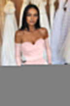 Black Long Off the Shoulder Satin Front Slit Prom Dress with Sleeves