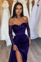 Black Long Off the Shoulder Satin Front Slit Prom Dress with Sleeves