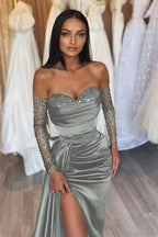 Black Long Off the Shoulder Satin Front Slit Prom Dress with Sleeves