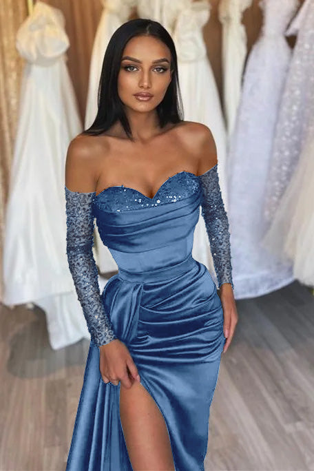 Black Long Off the Shoulder Satin Front Slit Prom Dress with Sleeves