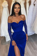 Black Long Off the Shoulder Satin Front Slit Prom Dress with Sleeves