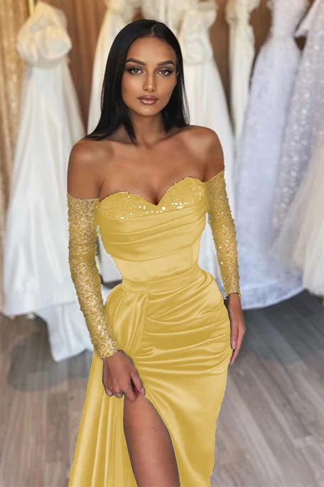 Black Long Off the Shoulder Satin Front Slit Prom Dress with Sleeves