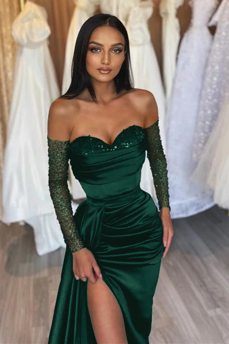 Black Long Off the Shoulder Satin Front Slit Prom Dress with Sleeves