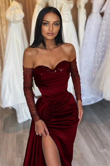Black Long Off the Shoulder Satin Front Slit Prom Dress with Sleeves