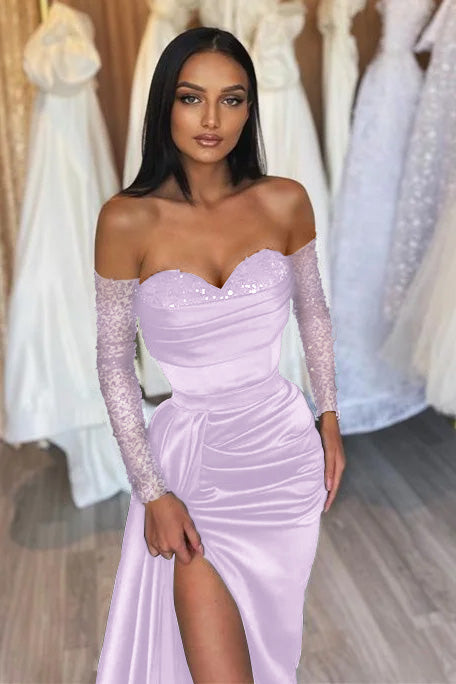 Black Long Off the Shoulder Satin Front Slit Prom Dress with Sleeves