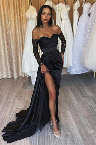 Black Long Off the Shoulder Satin Front Slit Prom Dress with Sleeves
