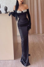 Black Long Mermaid Appliques Satin Evening Dress with Gloves
