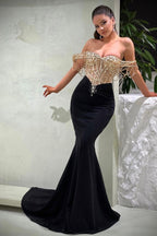 Black Sequin Mermaid Off The Shoulder Strapless Beaded Long Evening Dresses