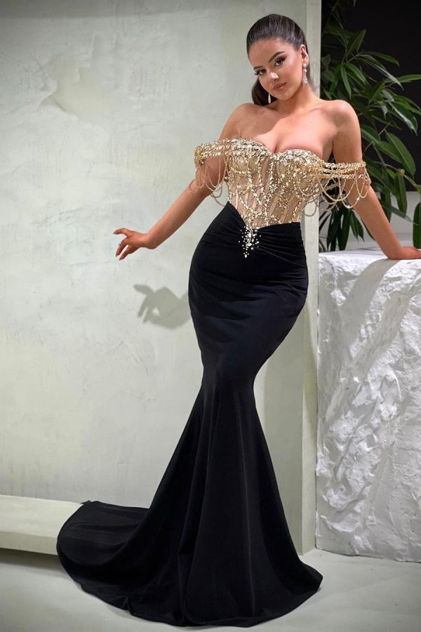 Black Sequin Mermaid Off The Shoulder Strapless Beaded Long Evening Dresses