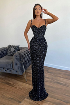 Black Sequins Spaghetti Straps Long Applique Sleeveless Evening Dresses