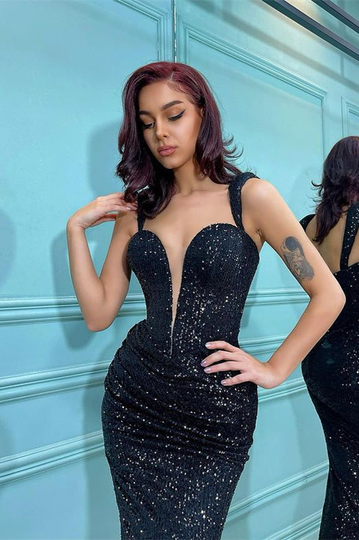 Black Sequins Spaghetti Straps Mermaid Short Prom Dress