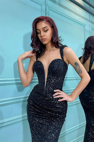 Black Sequins Spaghetti Straps Mermaid Short Prom Dress