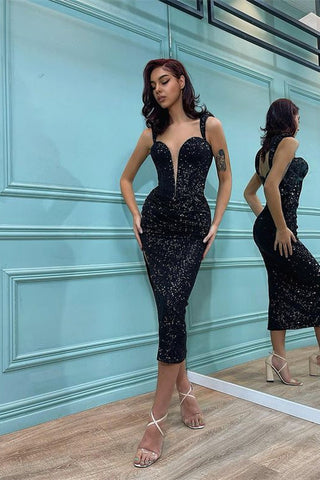 Black Sequins Spaghetti Straps Mermaid Short Prom Dress