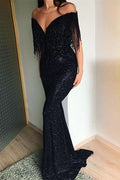 Vestido de Fiesta Largo Negro de Sirena con Hombros Descubiertos, Lentejuelas y Flecos