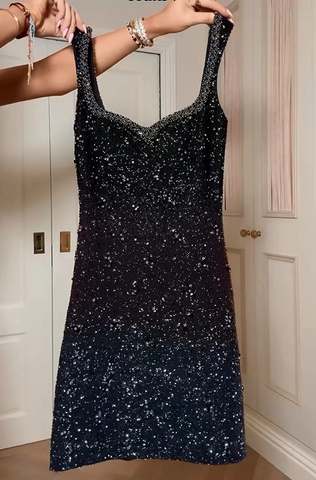 Black Sequins with Spaghetti Straps Short Prom Dress
