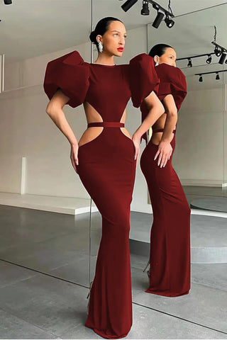 Dark Green Long Mermaid Puff Sleeves Satin Evening Dress