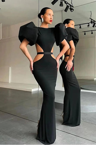 Dark Green Long Mermaid Puff Sleeves Satin Evening Dress