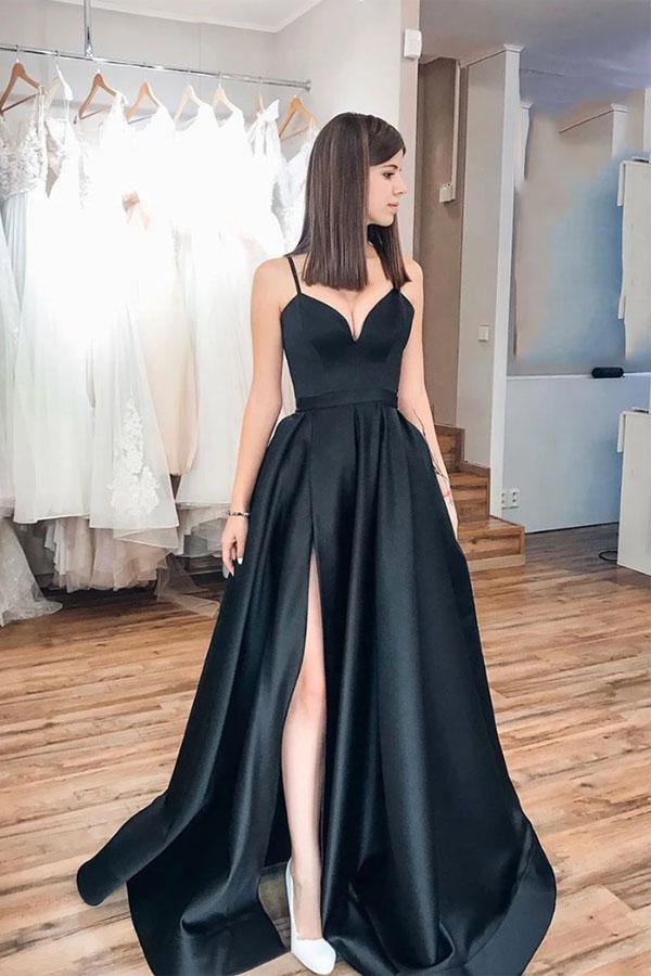 Einfaches Spaghettiträger-Abendkleid in Schwarz, lang, PSK072