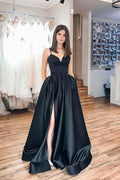 Einfaches Spaghettiträger-Abendkleid in Schwarz, lang, PSK072