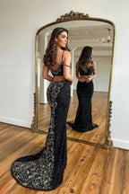 Black Spaghetti Strap Two Pieces Long Mermaid Evening Dress with Beads