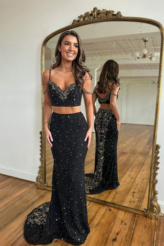 Black Spaghetti Strap Two Pieces Long Mermaid Evening Dress with Beads