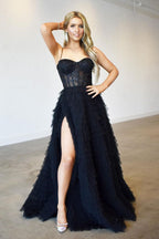 Black Spaghetti Straps Front Split Mermaid Long Evening Dress with Lace Appliques